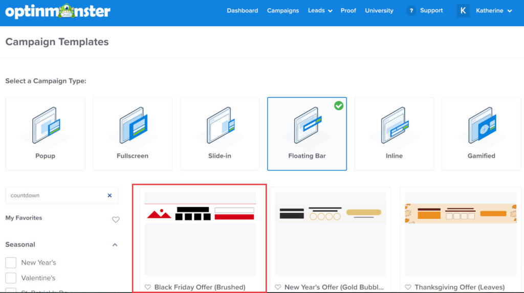 Selecting Black Friday countdown template - OptinMonster Selecting Black Friday countdown template