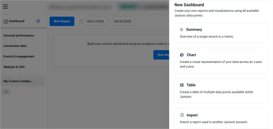 Justuno's feature for creating a custom analytics dashboard