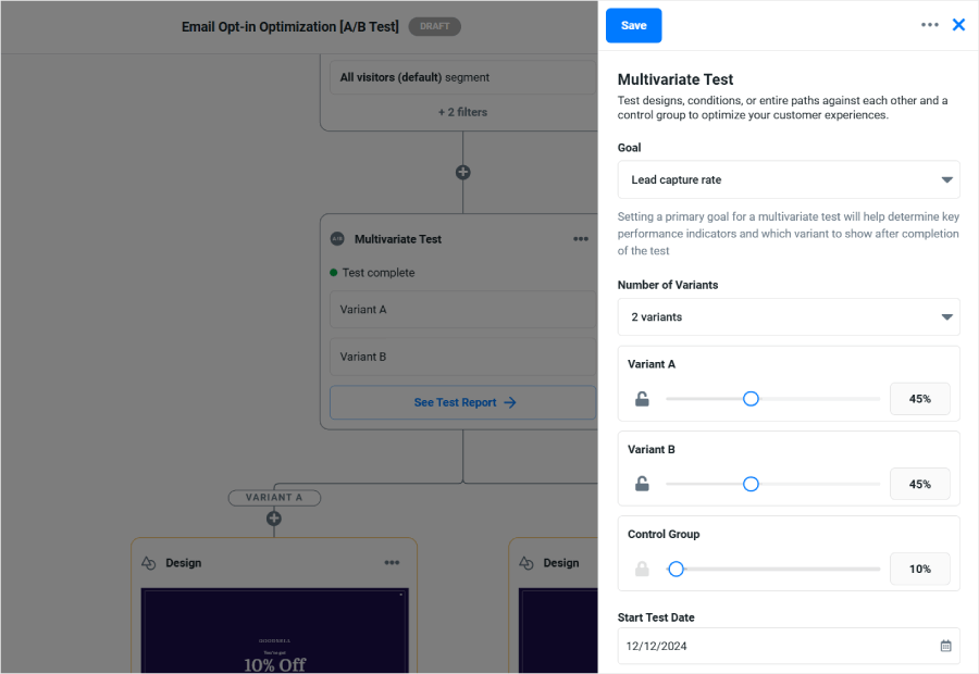 Justuno's multivariate testing feature