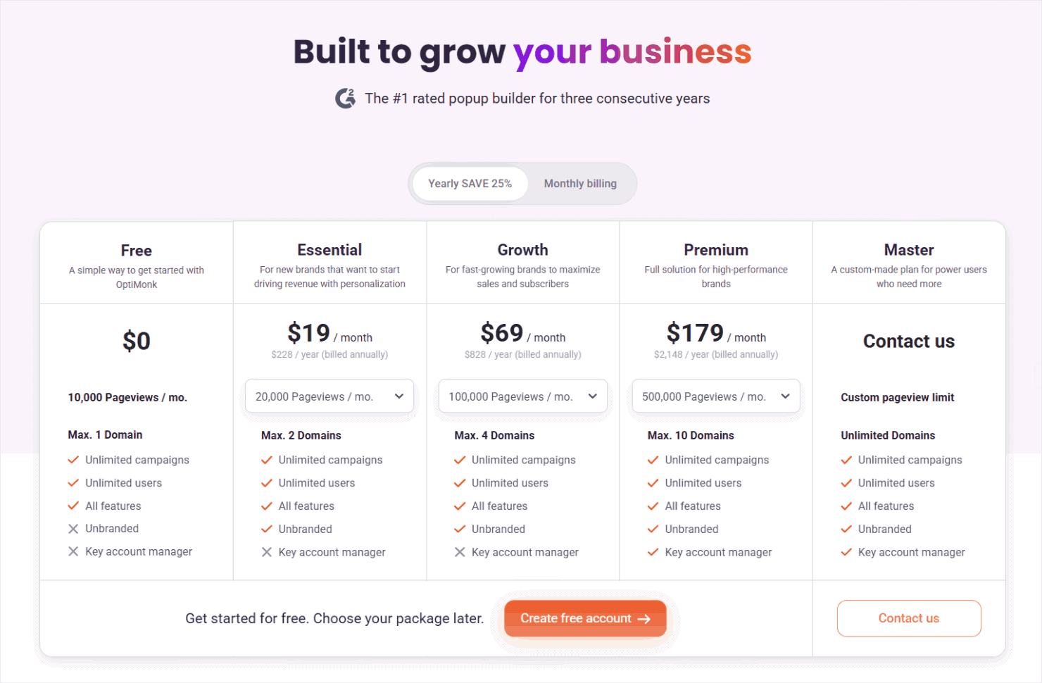 OptiMonk's pricing page