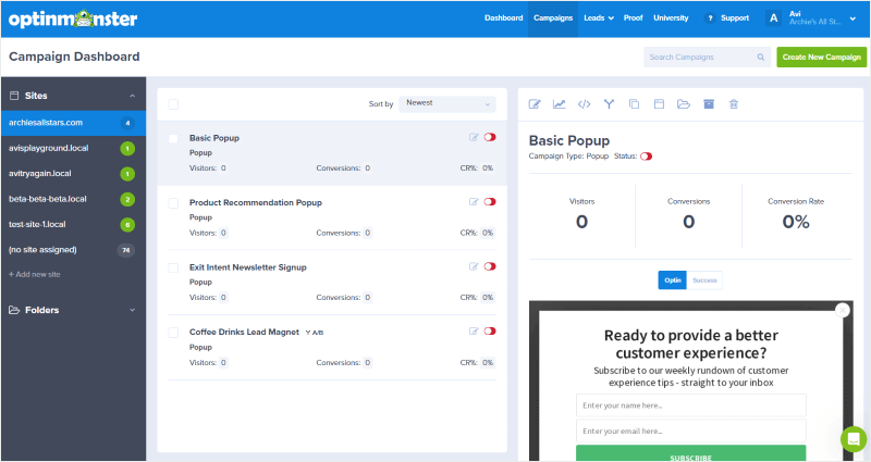 OptinMonster campaign dashboard