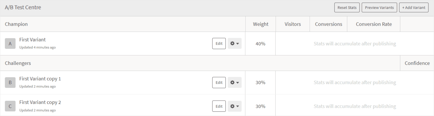 Unbounce's A/B test feature