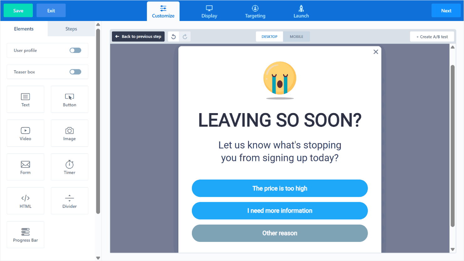 The ConvertBox campaign editor