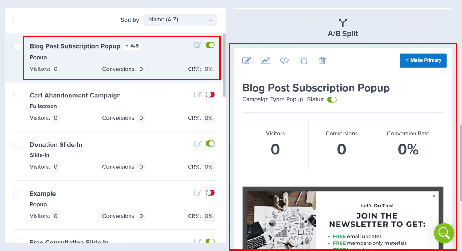 OptinMonster's A/B testing interface