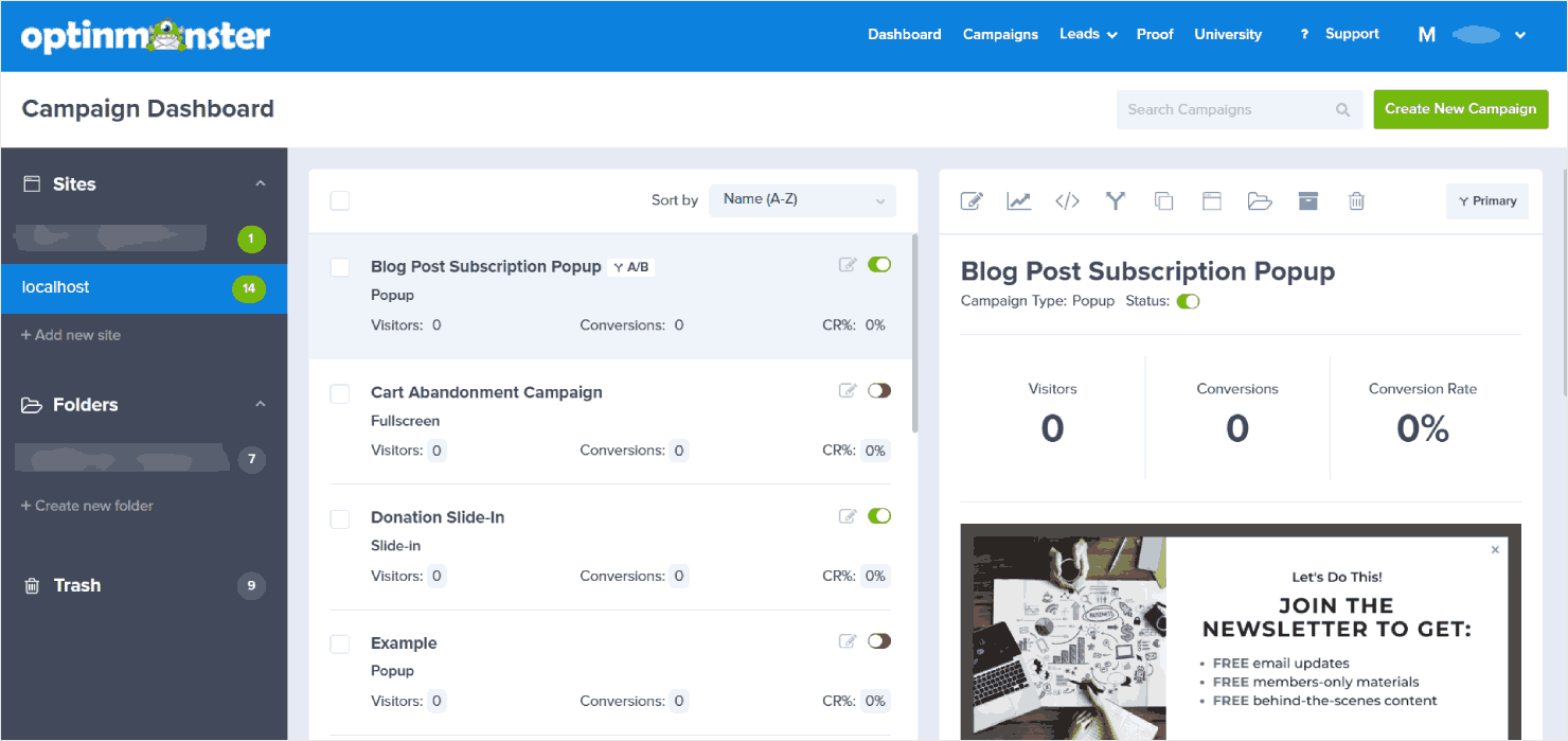 OptinMonster's campaign dashboard