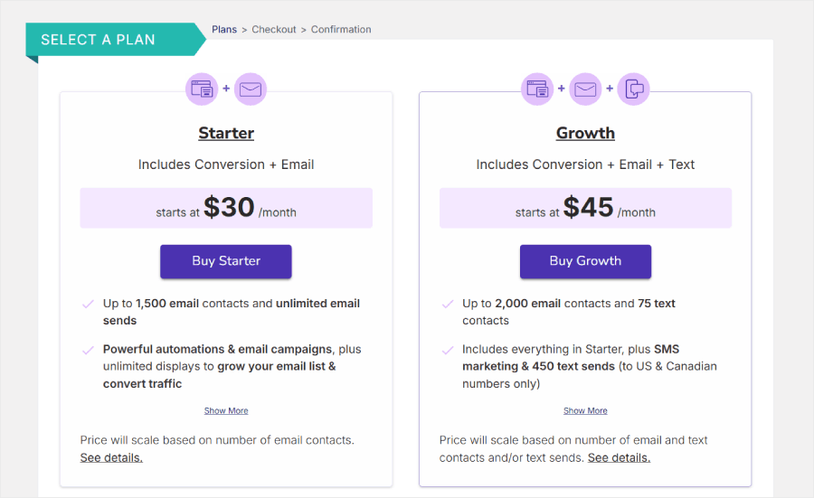 Privy's conversion and email marketing plans pricing