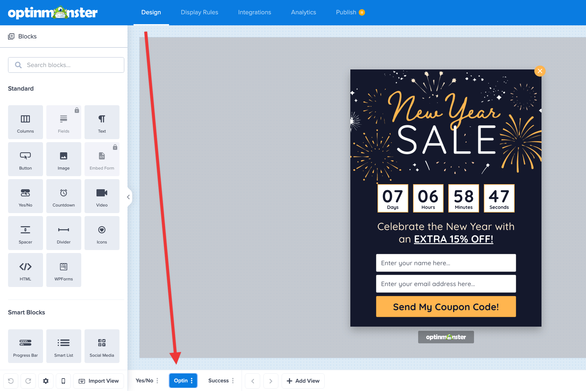 Select the Optin view to begin creating your progressive form in OptinMonster.