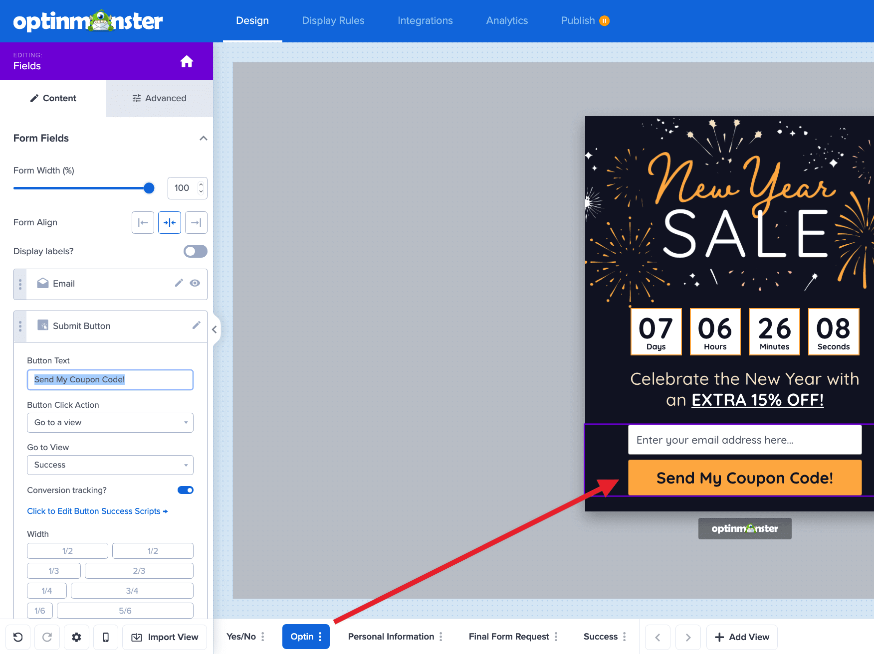 Select the submit button from your first form view to configure the Success Action.