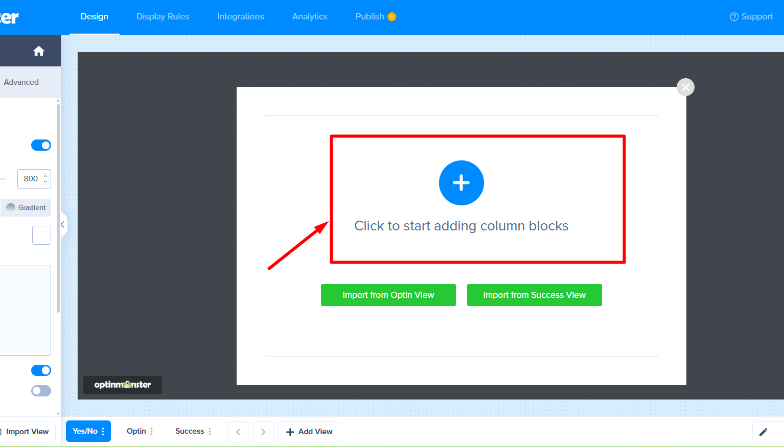 An empty campaign canvas with a large plus icon in the center to add a new block.