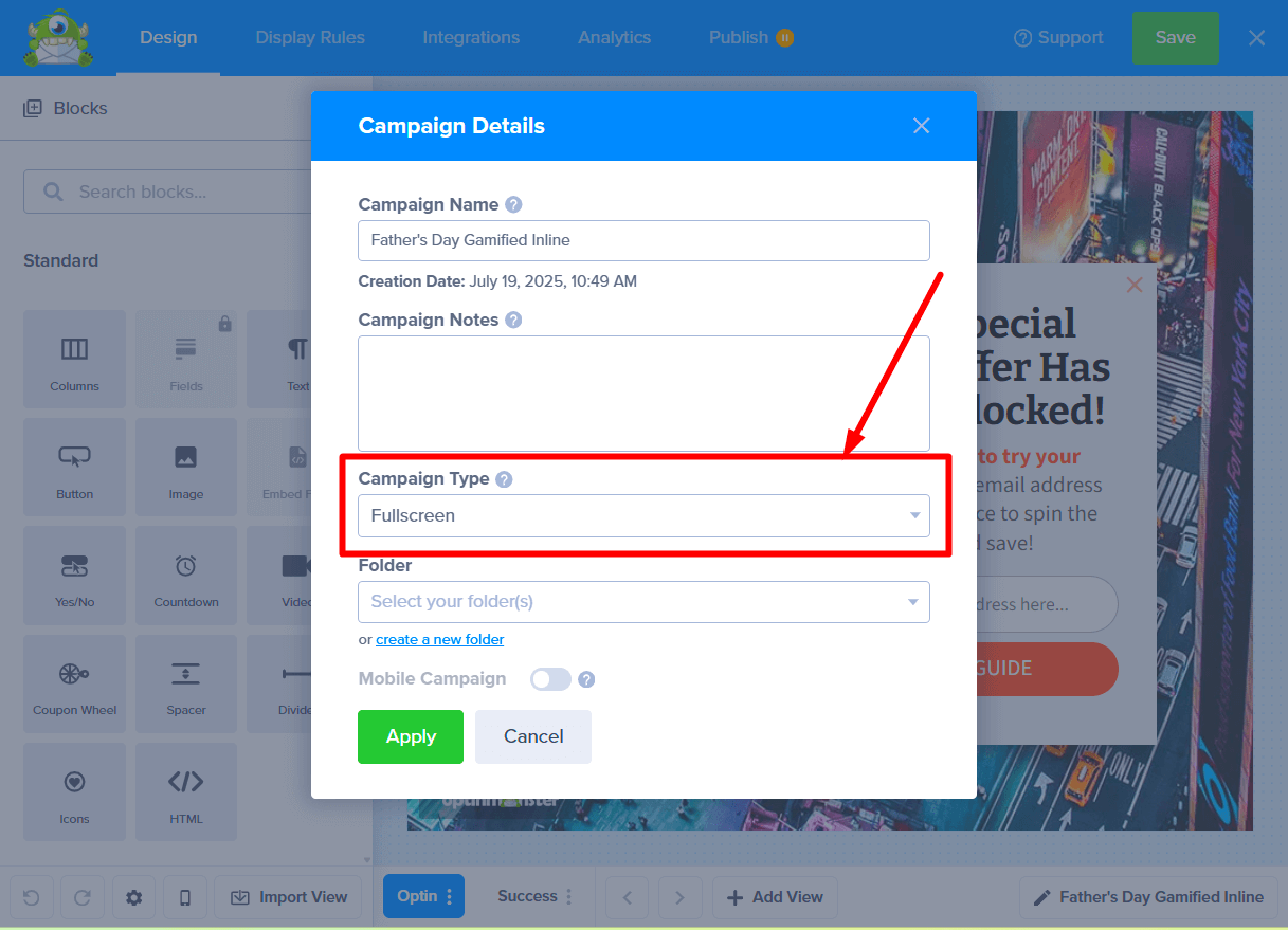The 'Campaign Type' dropdown field in the campaign details modal.