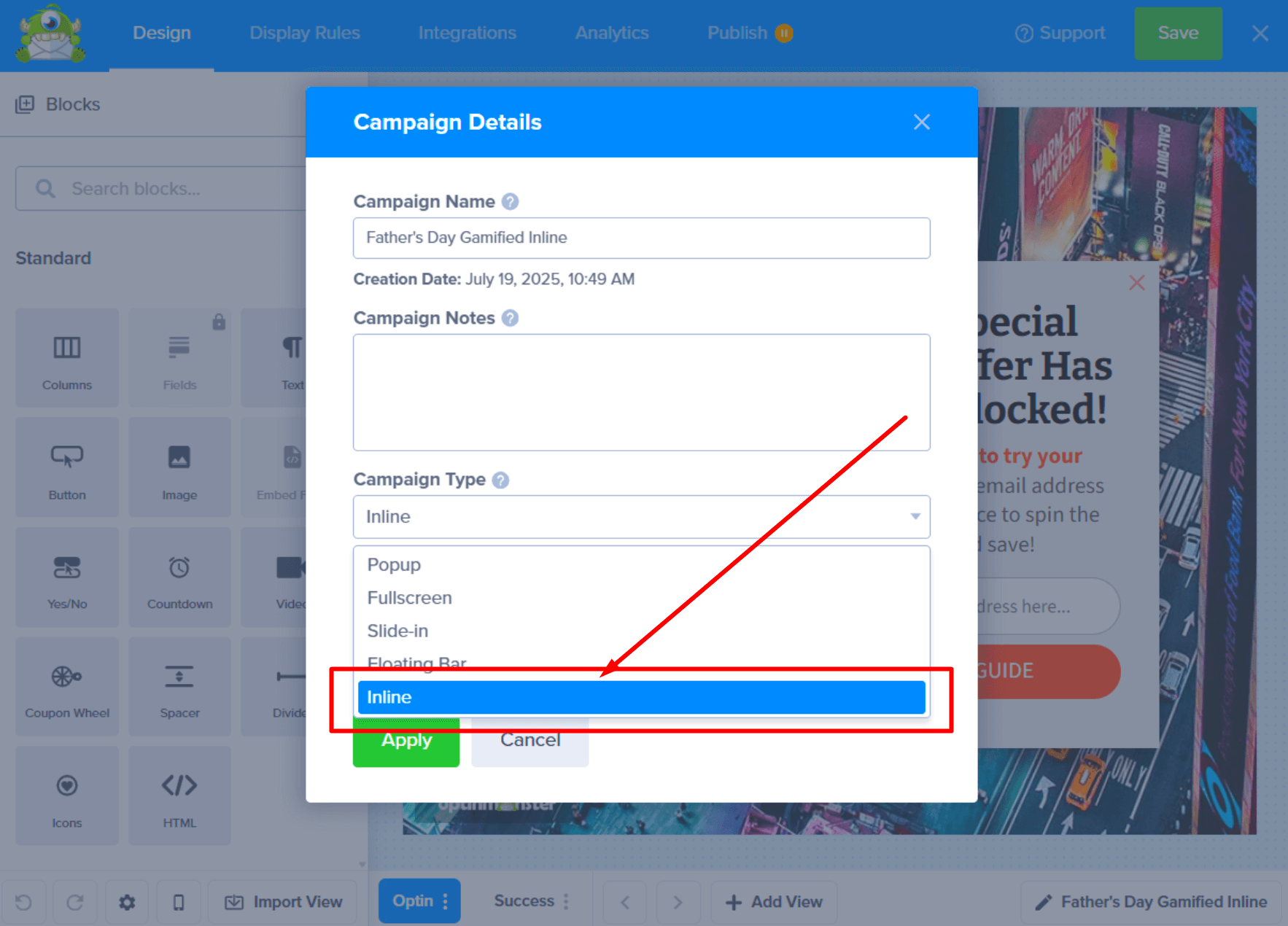 Choosing 'Inline' from the list of campaign type options.