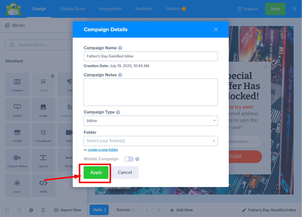 Clicking the 'Apply' button to confirm campaign type change.