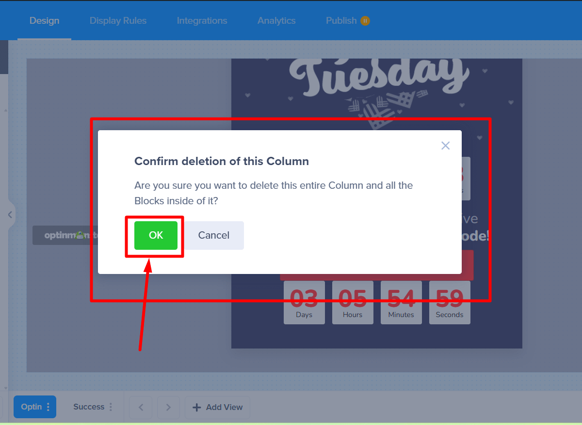 The confirmation modal asking if you want to delete the block, with the OK button highlighted.