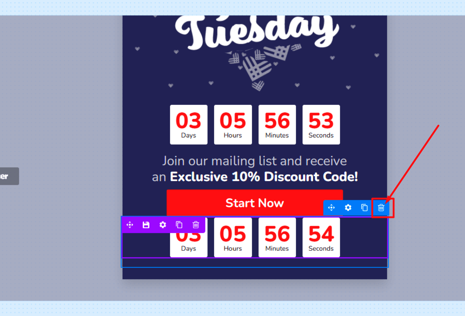 Hovering over a Columns block to show the blue toolbar with the delete icon.