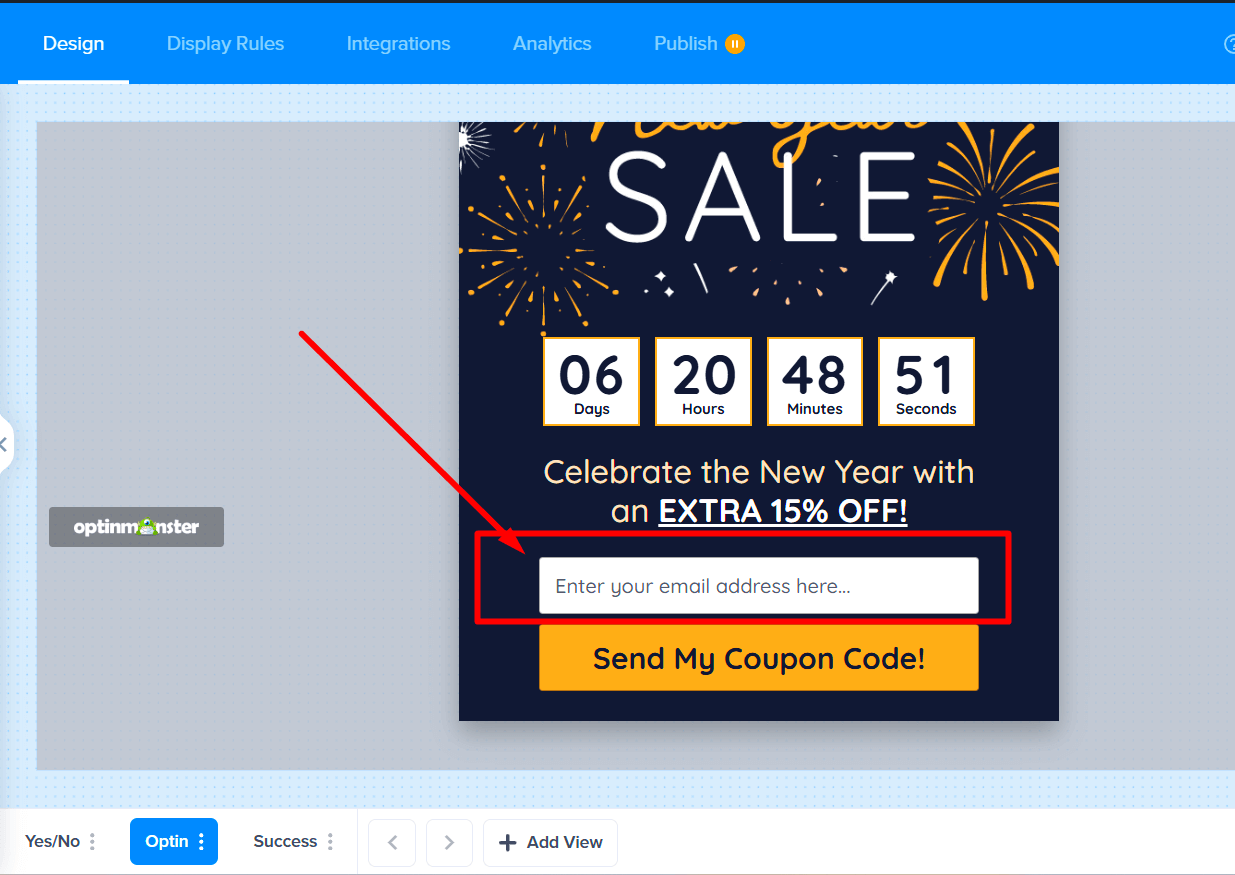 The initial Optin view with the required Email field 