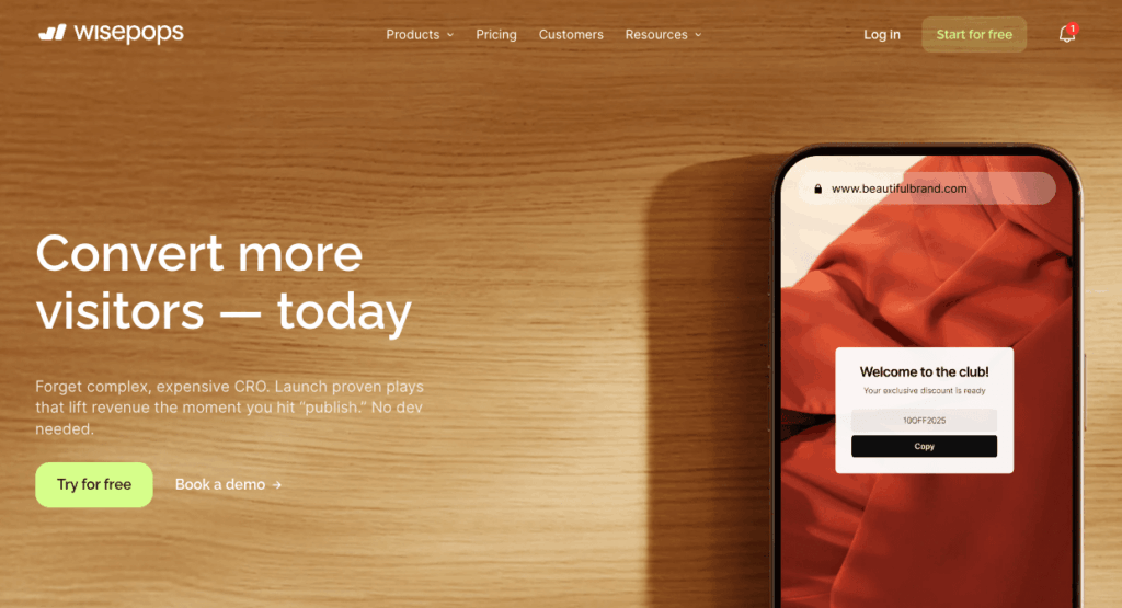 Wisepops homepage screenshot