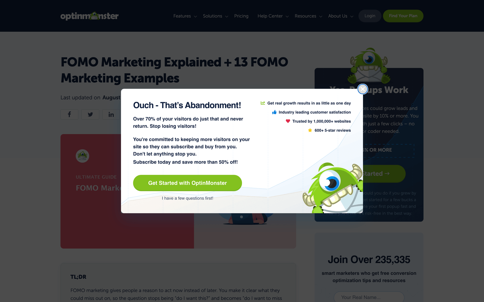 Exit Intent popup example on OptinMonster website - OptinMonster Exit Intent popup example on OptinMonster website