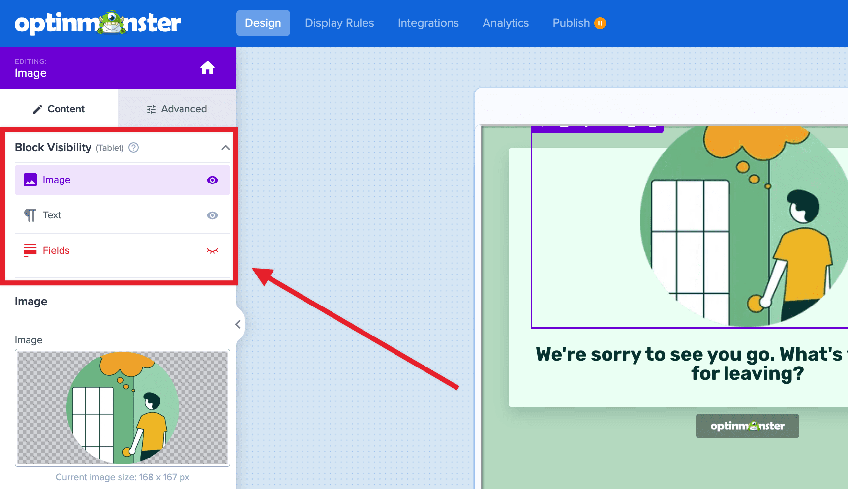 manage-block-visibility-in-optinmonster - OptinMonster Manage block visibility by device type in OptinMonster from the left sidebar.