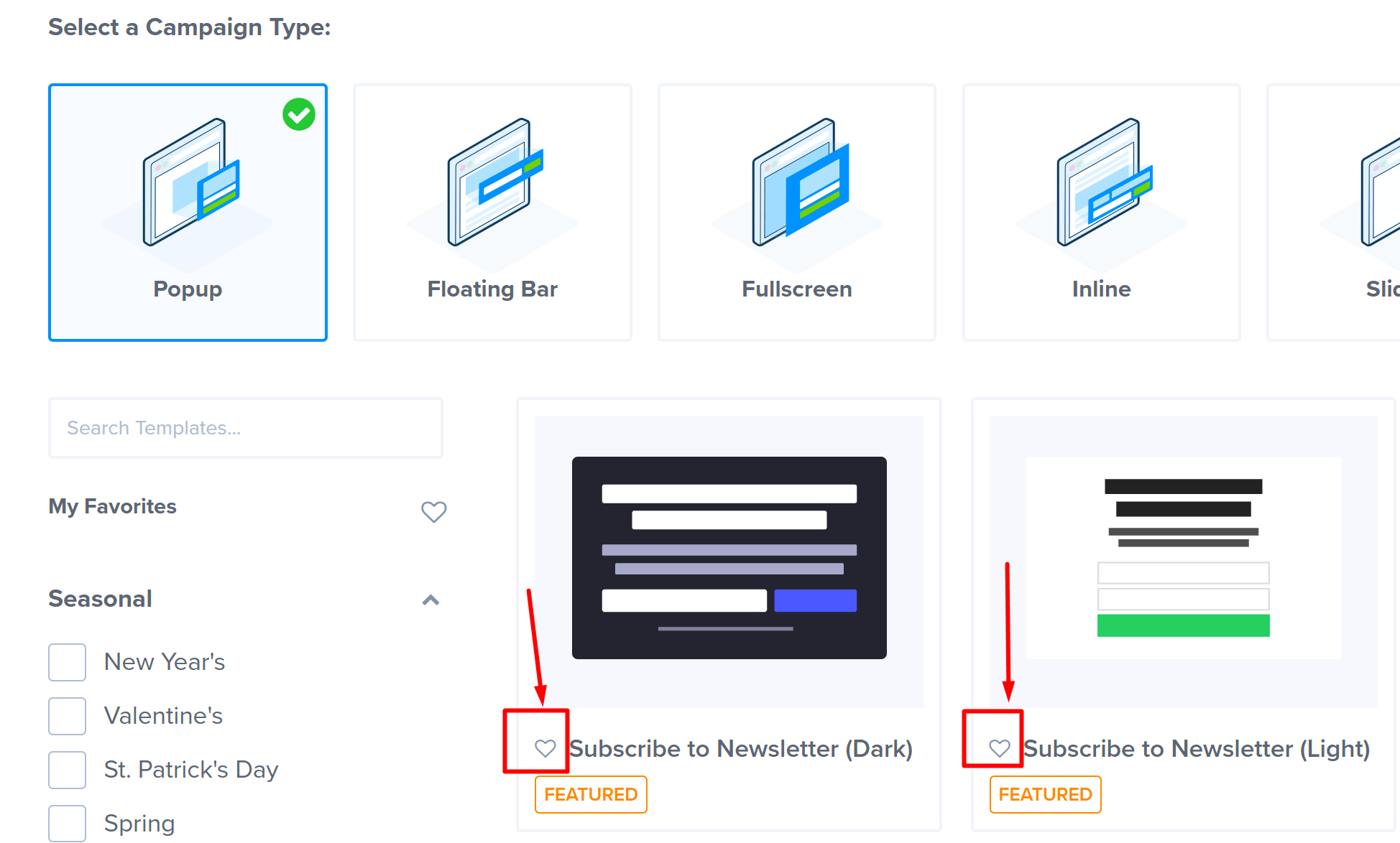Select the heart icon on a template to add it to your favorites in OptinMonster.