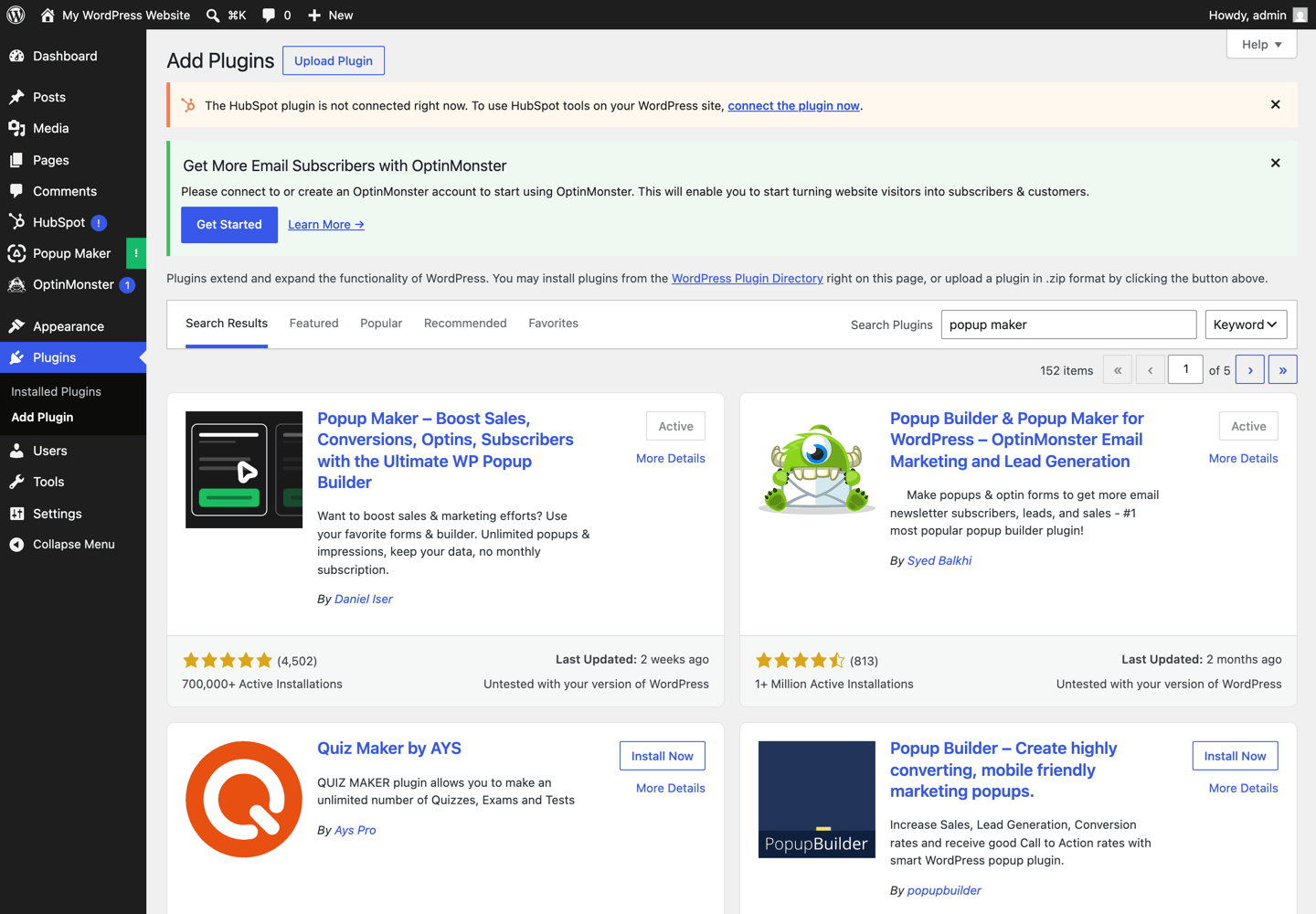 01-org-search-install-counts - OptinMonster WordPress plugin directory search results showing install counts for OptinMonster (1+ million active installations) and Popup Maker (700,000+)