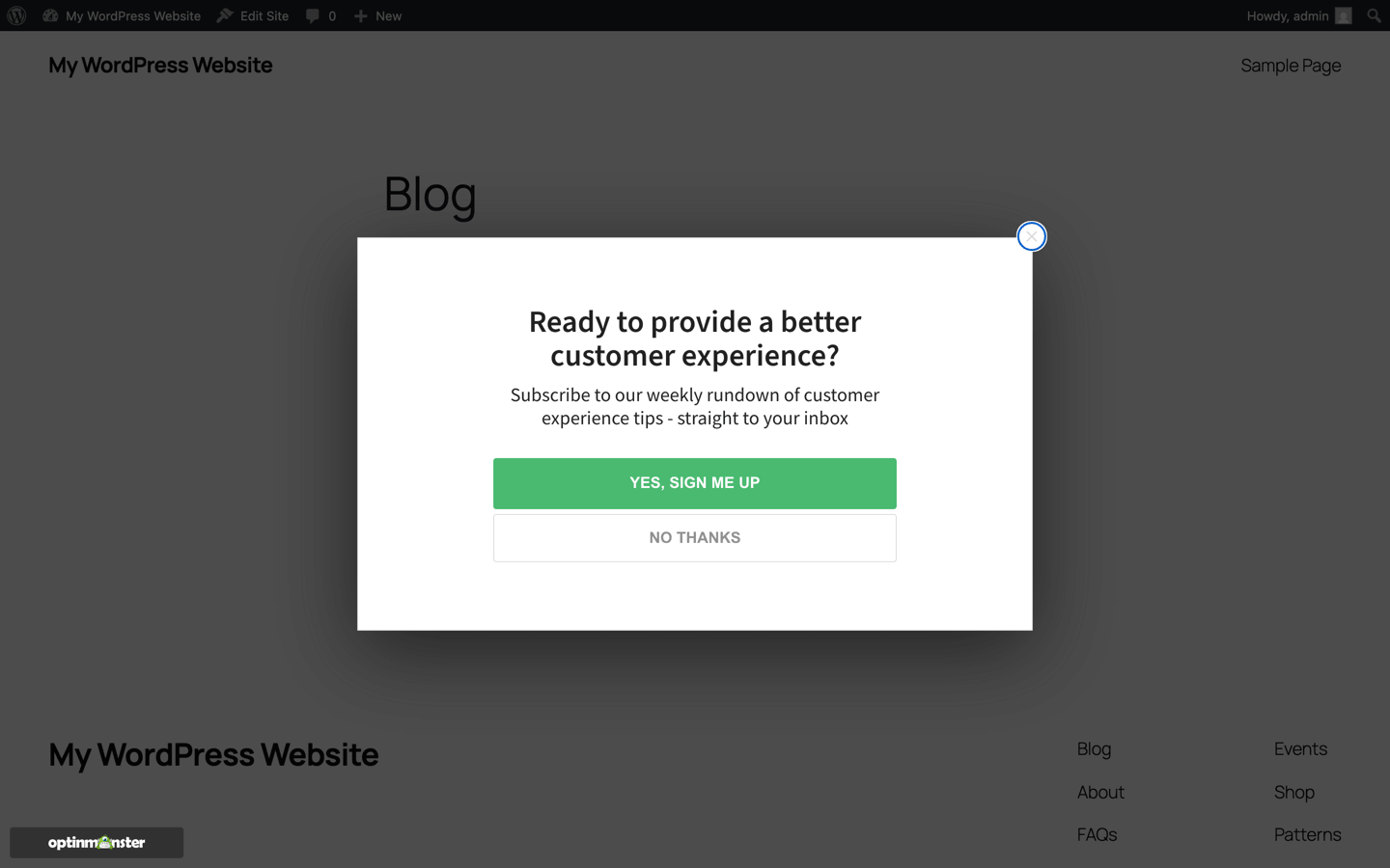 07-om-campaign-live-frontend - OptinMonster OptinMonster WordPress popup campaign live on our test site, using an unedited template with the default styling