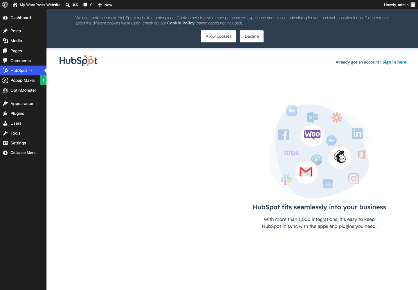 09-hubspot-signup-gate - OptinMonster HubSpot WordPress plugin showing the create-account signup screen inside wp-admin immediately after activation