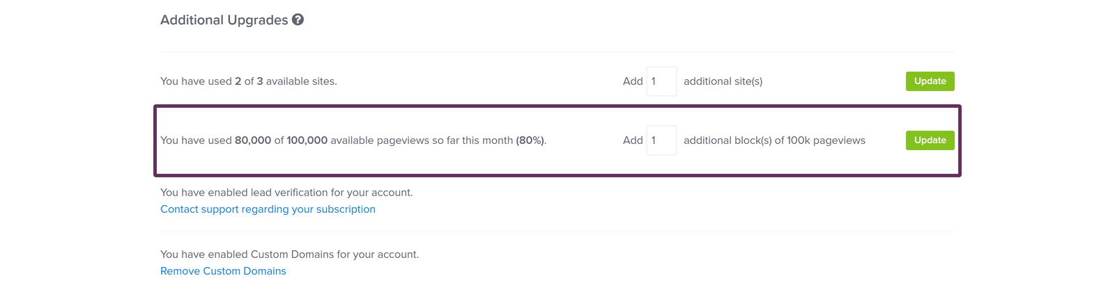 step_01_additional-upgrades-section - OptinMonster Add pageview blocks from the Additional Upgrades section of your OptinMonster Manage Subscription page.