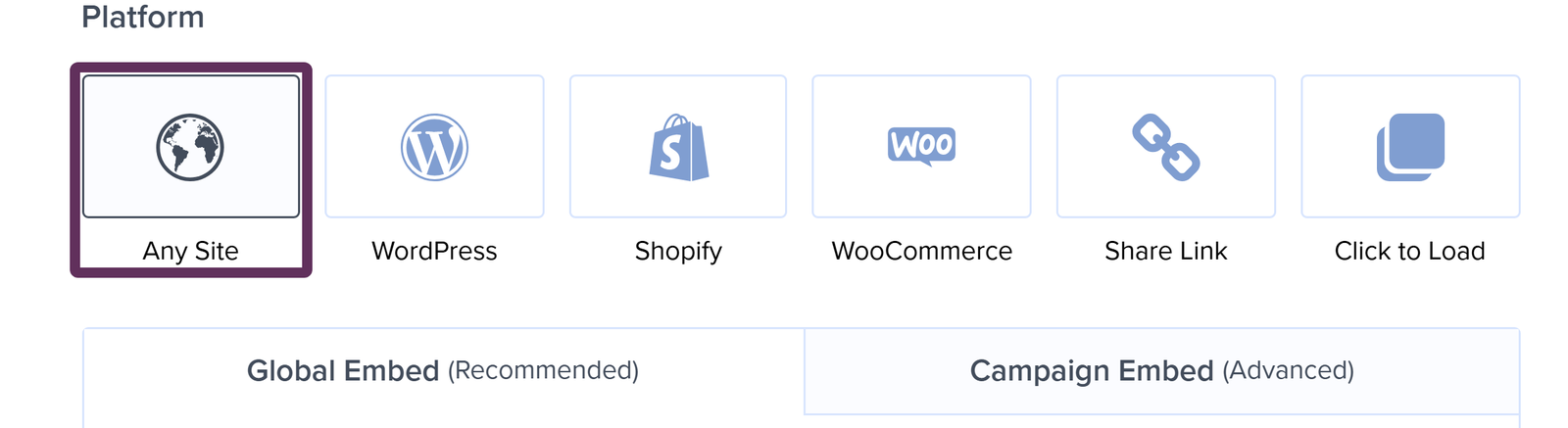 step_01_publish-view-platform-options - OptinMonster The Platform section of a campaign’s publish settings in OptinMonster, showing the Any Site, WordPress, Shopify, WooCommerce, Share Link, and Click to Load options.