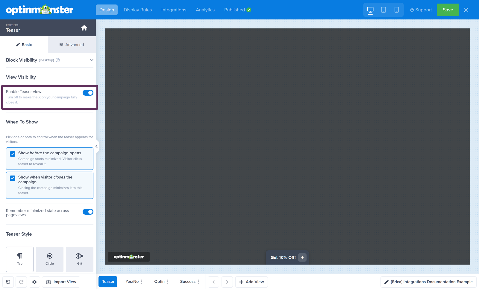step_02_teaser-enable-view-toggle-1 - OptinMonster Toggle the Enable Teaser view option in the View Visibility section.