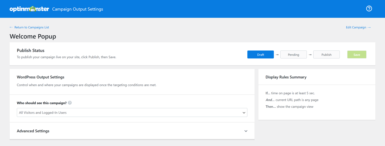 step_03_output-settings-screen - OptinMonster The Output Settings screen in the OptinMonster WordPress plugin.