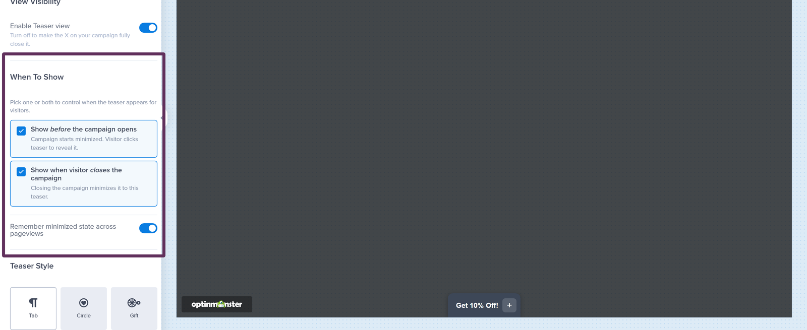 step_03_teaser-when-to-show-options-1 - OptinMonster The When To Show options control when the Teaser appears for visitors.