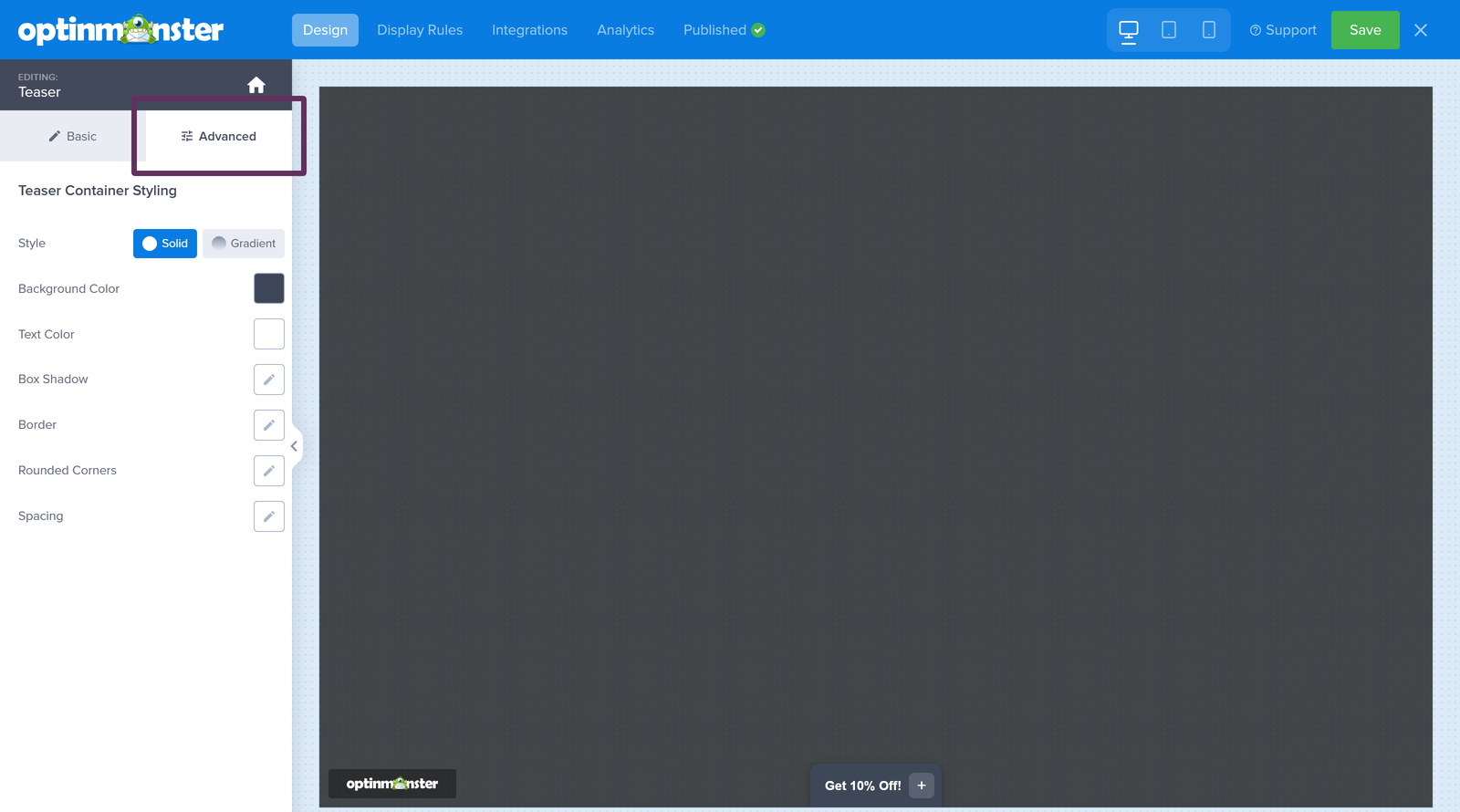 step_11_teaser-container-styling-1 - OptinMonster Customize the Teaser appearance in the Teaser Container Styling section.