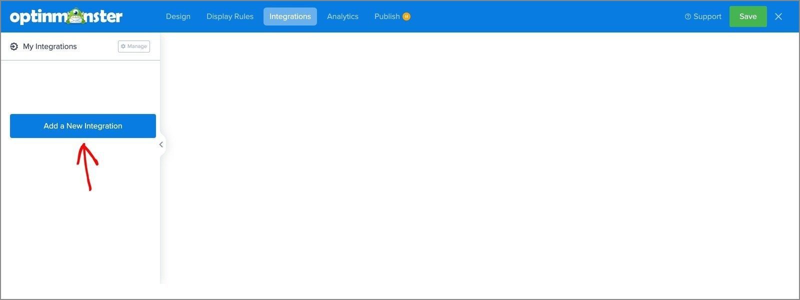 Campaign integrations add new optinmonster - OptinMonster The Integrations tab of the campaign builder with the Add a New Integration button.