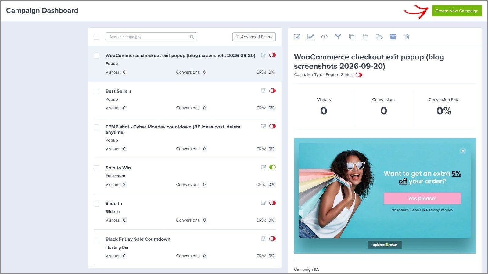 Create new campaign optinmonster - OptinMonster The OptinMonster campaign dashboard with the Create New Campaign button at the top.