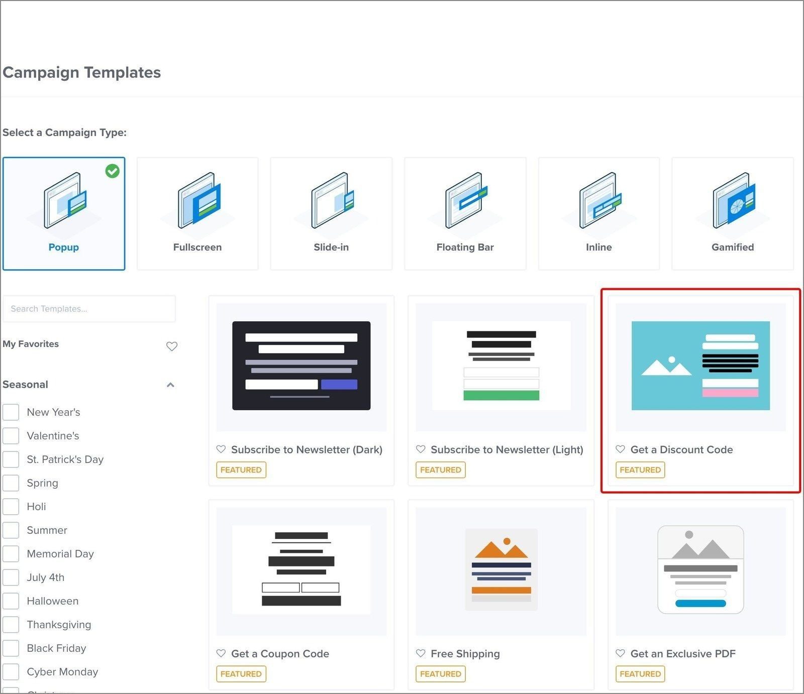 Ecommerce templates get a discount code optinmonster - OptinMonster The template library with the Get a Discount Code template highlighted.