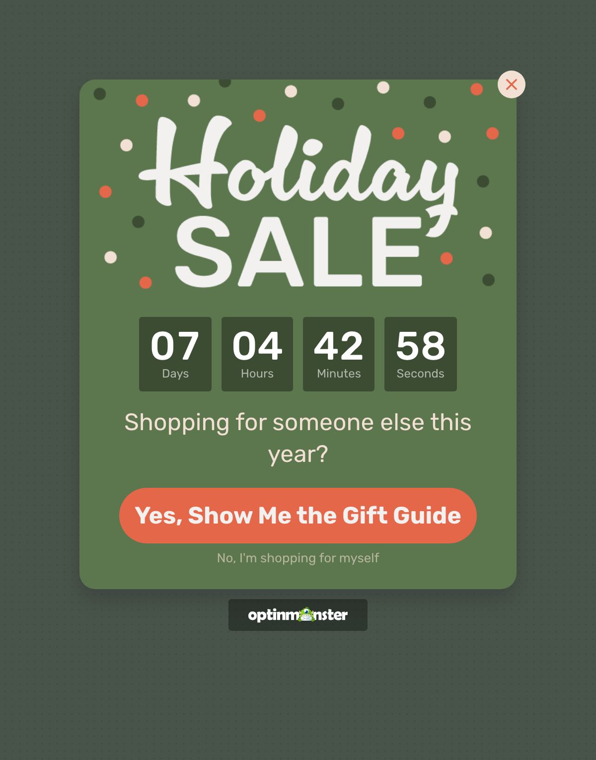 gift guide yes no popup optinmonster - OptinMonster A holiday gift guide popup in OptinMonster asking Shopping for someone else this year? with Yes, Show Me the Gift Guide and No, I'm shopping for myself buttons.
