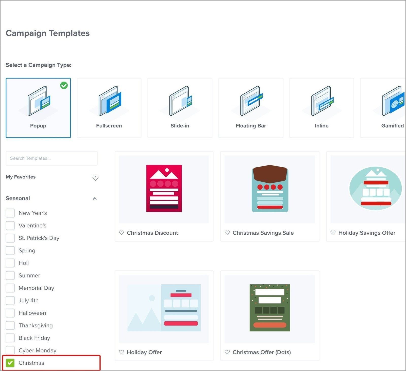 Holiday template filter optinmonster - OptinMonster The OptinMonster campaign template library with the Seasonal filter open, listing holidays including Valentine's, Holi, Thanksgiving, Black Friday and Christmas, with Christmas checked and the matching templates shown.