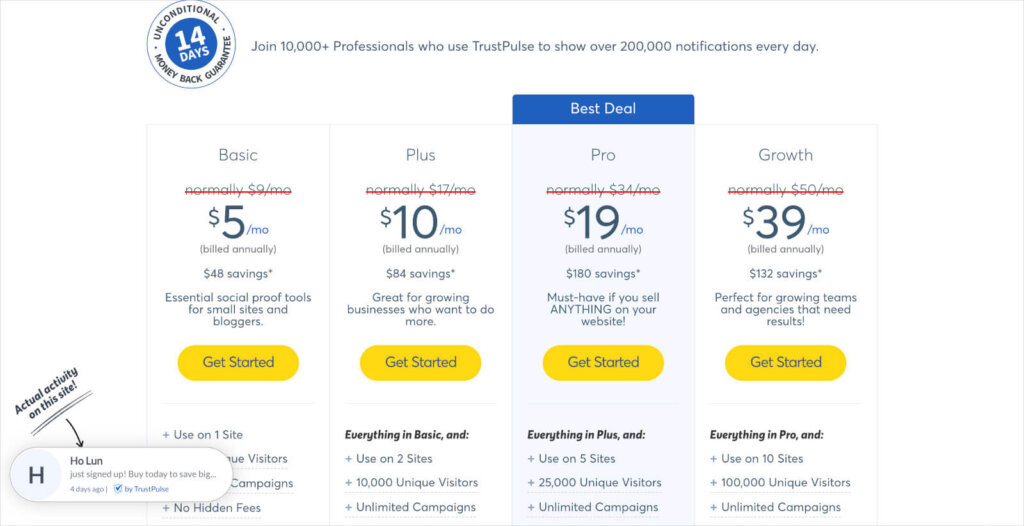 Live sale notification on TrustPulse website - OptinMonster Live sale notification on TrustPulse pricing page