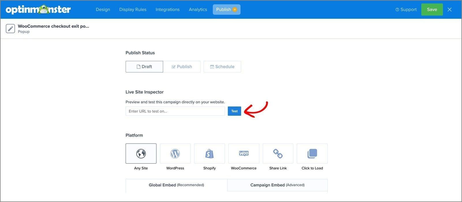 Live site inspector test optinmonster - OptinMonster The Live Site Inspector's Test button in the Publish view.