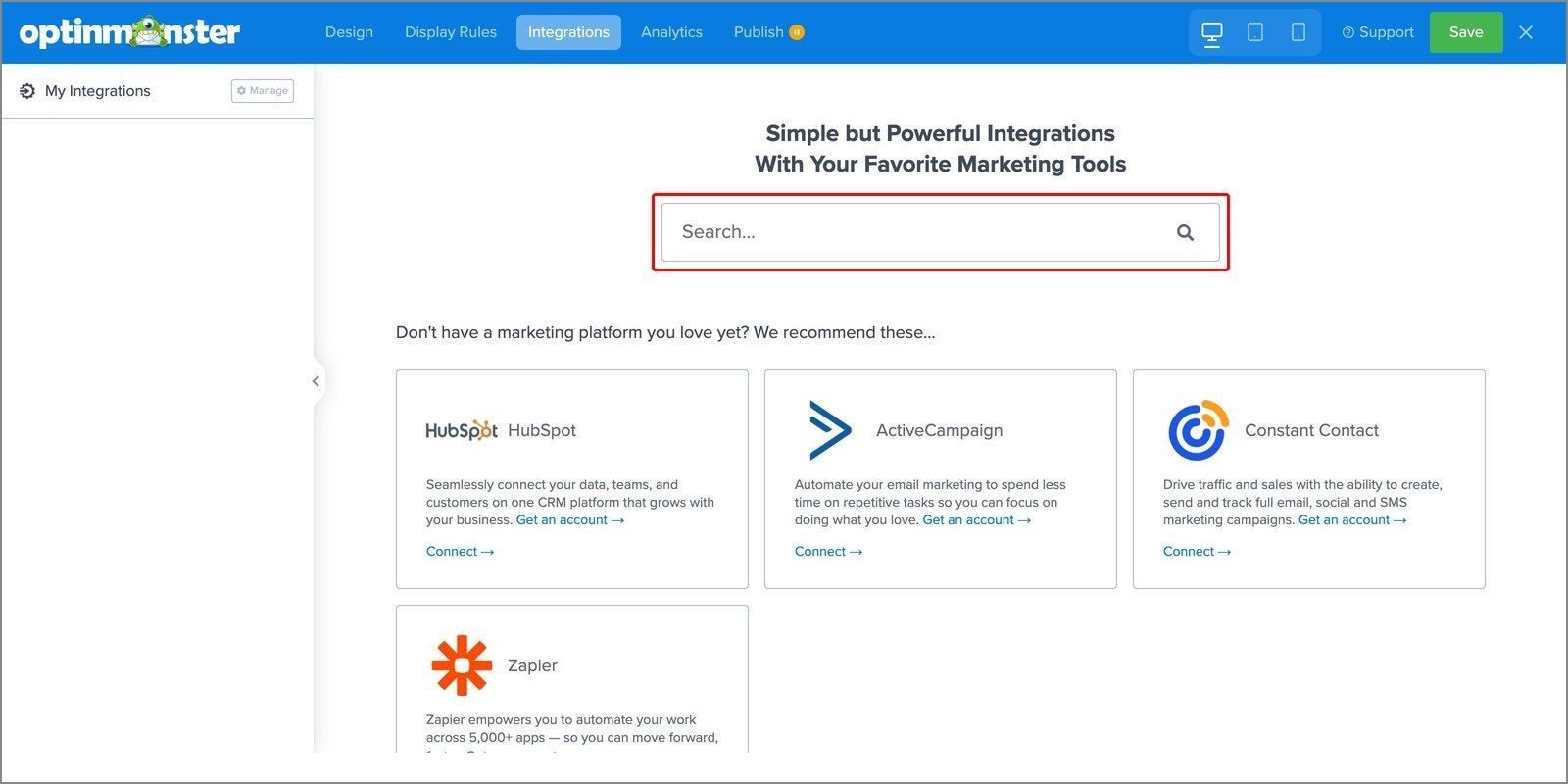 Search email provider integrations optinmonster - OptinMonster The provider picker with the Search providers box above the list of email marketing services.