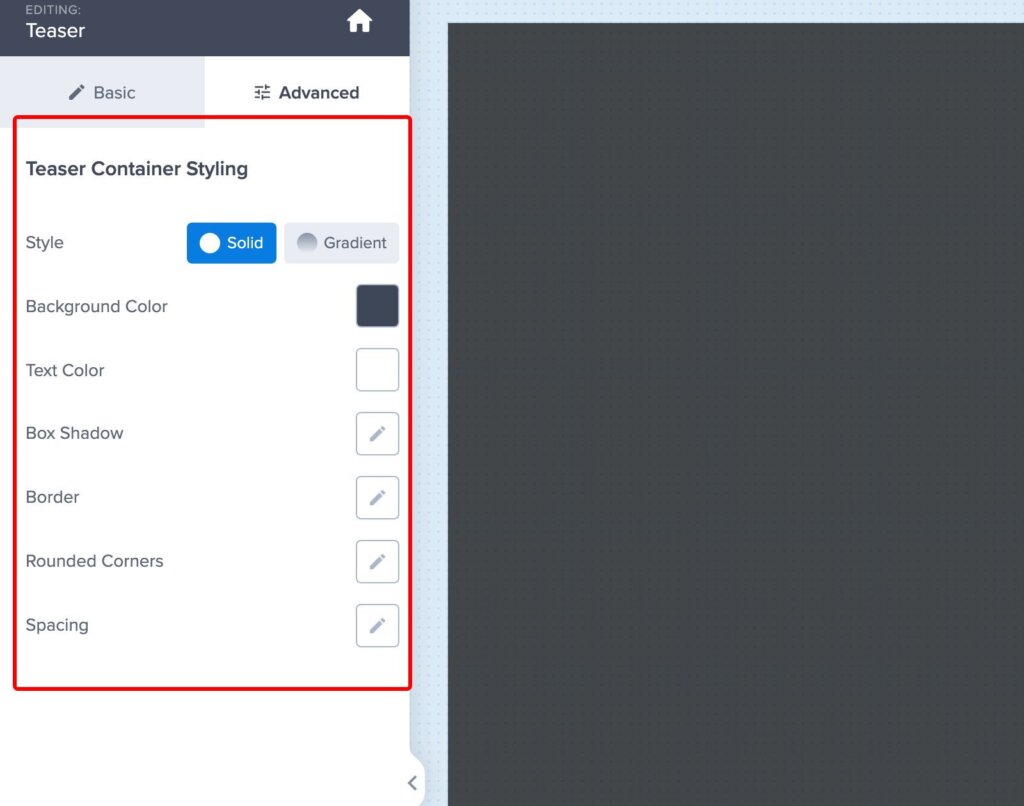 Teaser container styling optinmonster - OptinMonster Teaser Container Styling options on the Advanced tab.