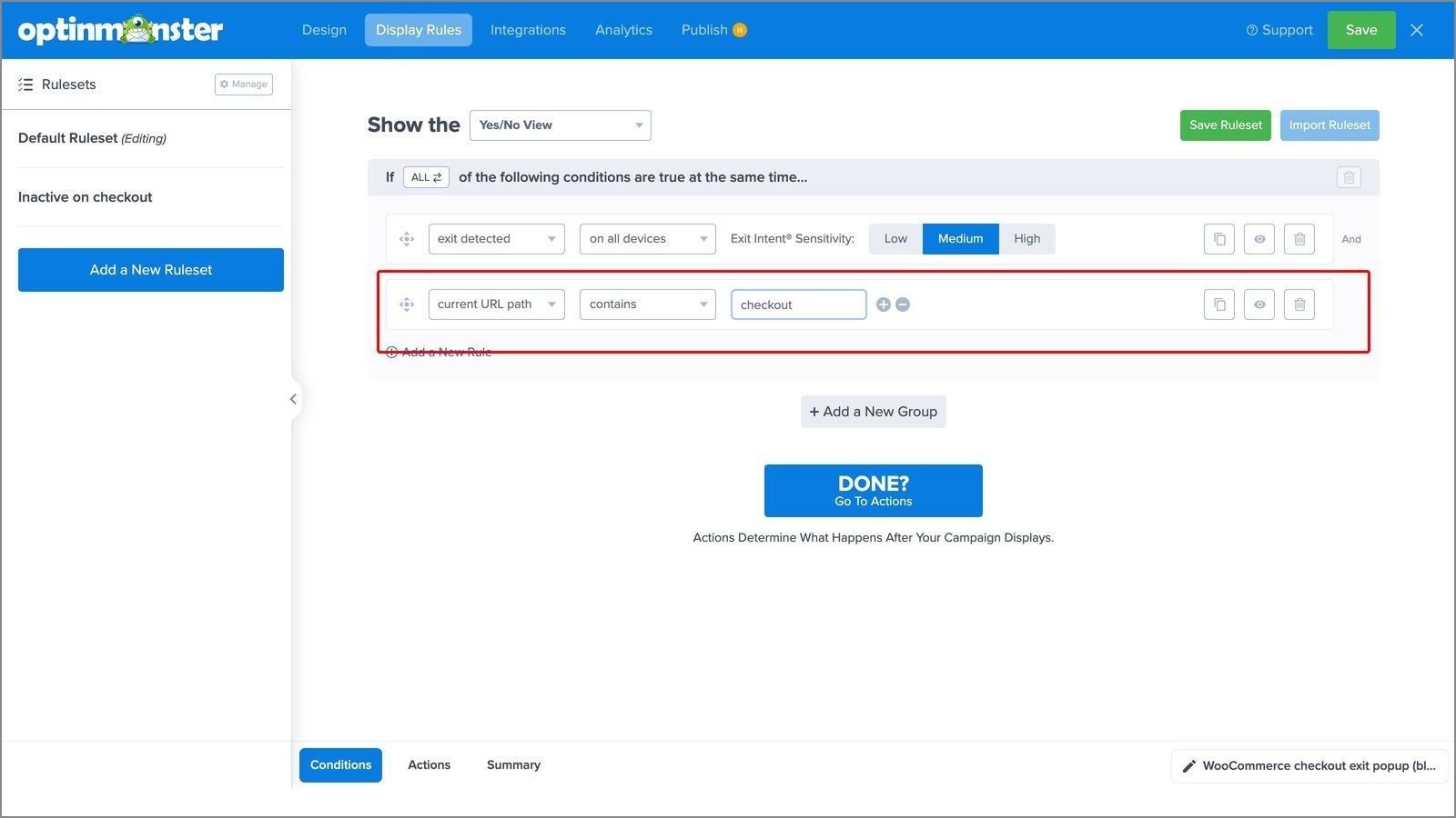 Url path contains checkout rule optinmonster - OptinMonster The current URL path rule set to contains, with checkout as the value.