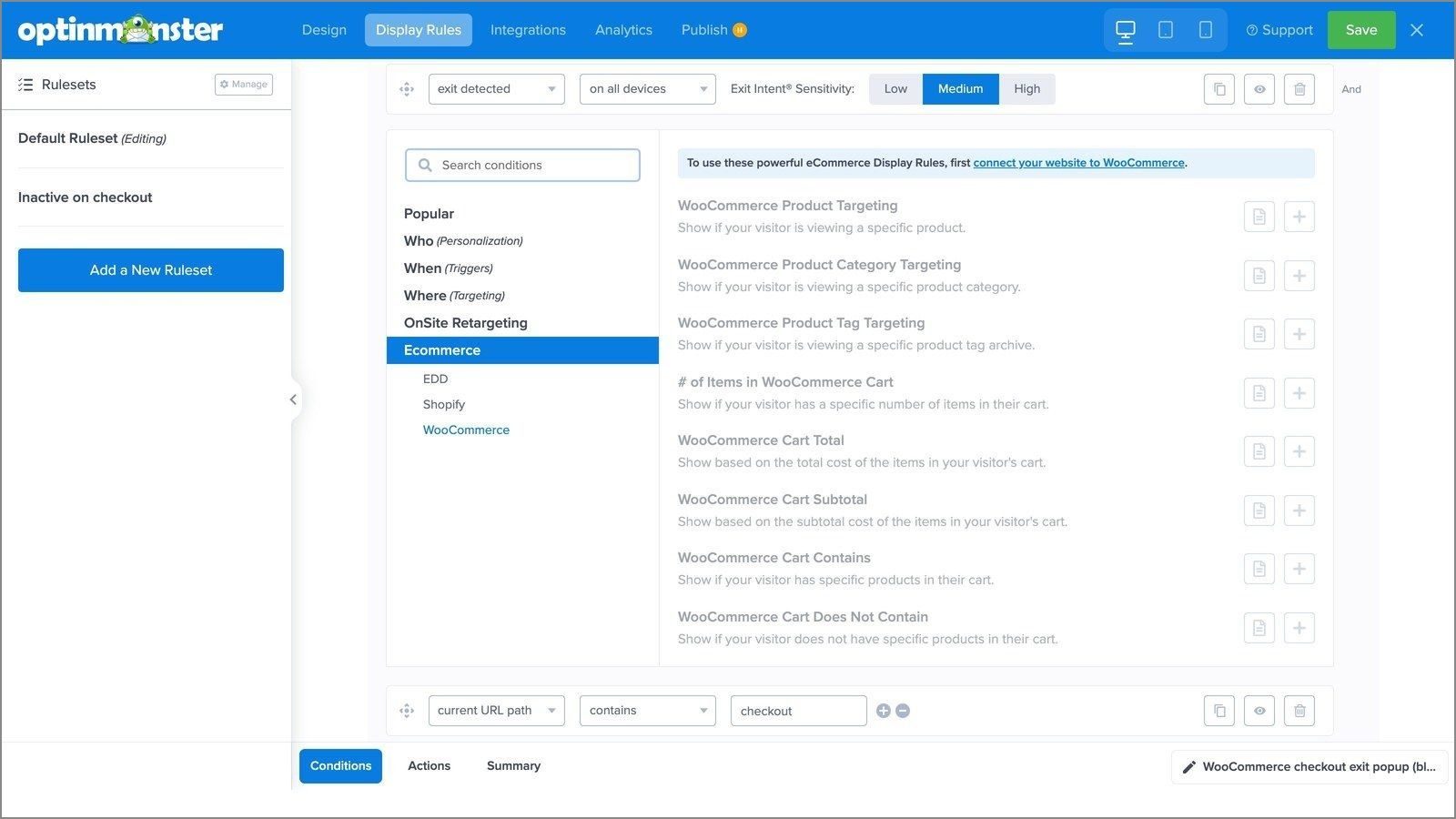 Woocommerce display rules optinmonster - OptinMonster The WooCommerce category of display rules: product, category, tag, cart items, cart total, cart subtotal and cart contents.