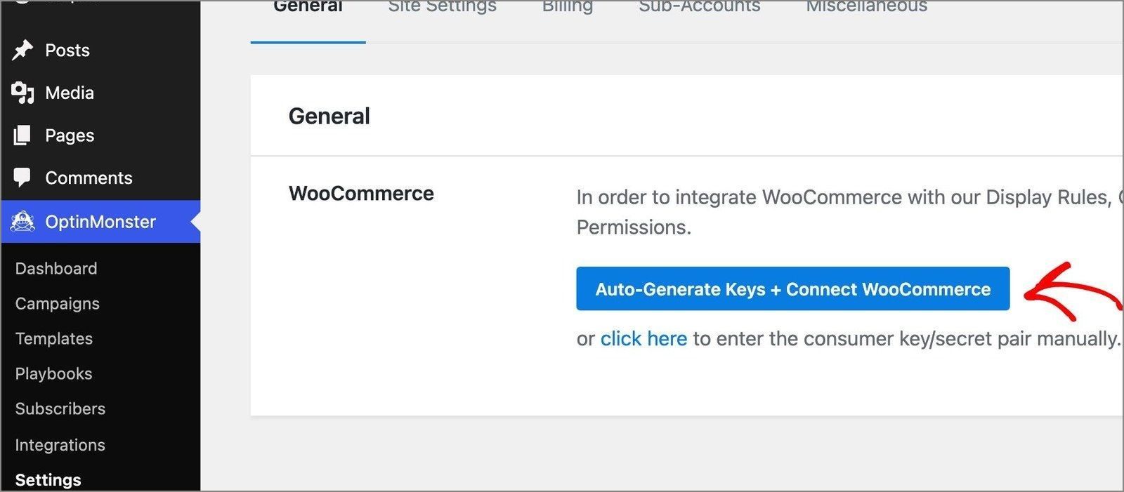 Wordpress optinmonster settings connect woocommerce optinmonster - OptinMonster The OptinMonster Settings screen in WordPress with the Auto-Generate Keys and Connect WooCommerce button.