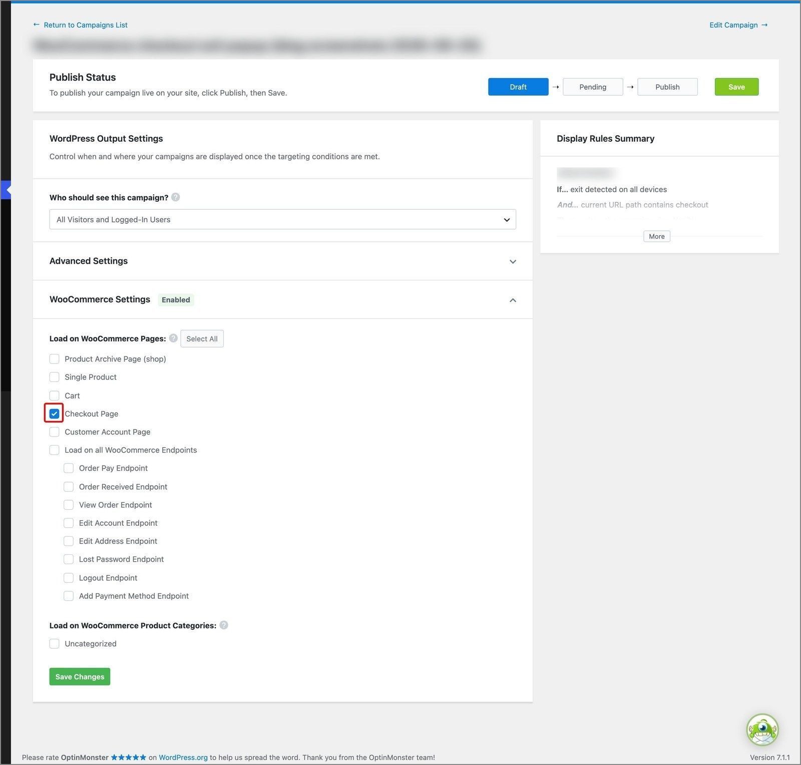 Wordpress output settings woocommerce pages optinmonster - OptinMonster The OptinMonster plugin's Output Settings with Checkout Page ticked under Load on WooCommerce Pages.