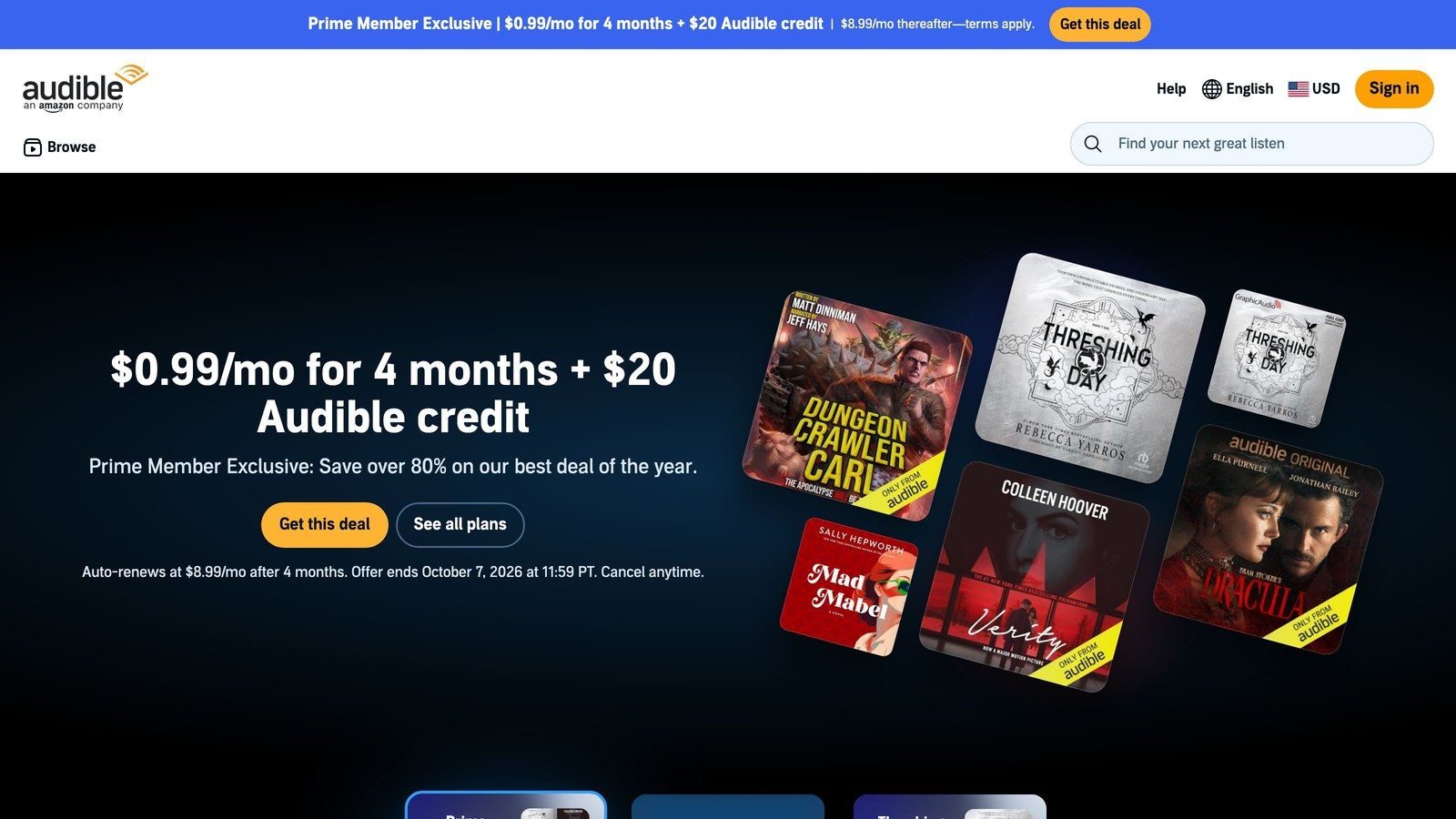 Audible landing page example - OptinMonster Audible's landing page hero: an offer headline, one line on the price, and two calls to action.