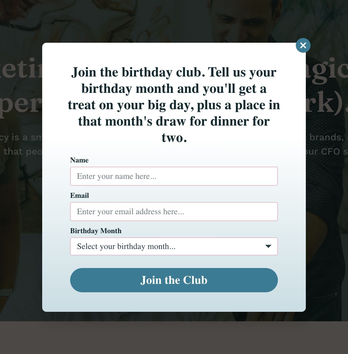 Birthday club draw popup optinmonster - OptinMonster An OptinMonster popup inviting visitors to join a birthday club by sharing their birthday month, with a monthly draw for dinner for two.