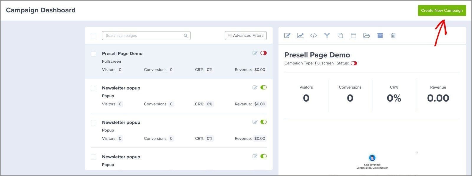 Create new campaign button optinmonster - OptinMonster The OptinMonster Campaign Dashboard with the Create New Campaign button.