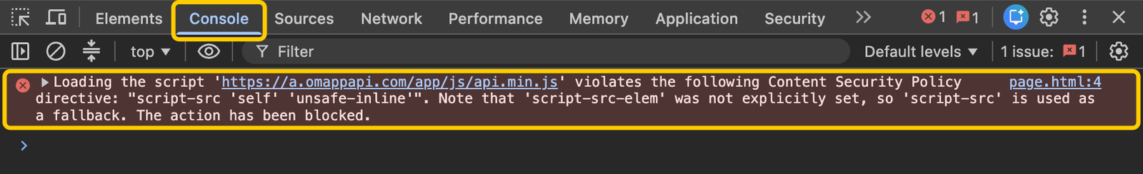 The Console tab in Chrome's developer tools showing a Content Security Policy message that blocks the OptinMonster script from a.omappapi.com. - OptinMonster The Console tab in Chrome's developer tools showing a Content Security Policy message that blocks the OptinMonster script from a.omappapi.com.