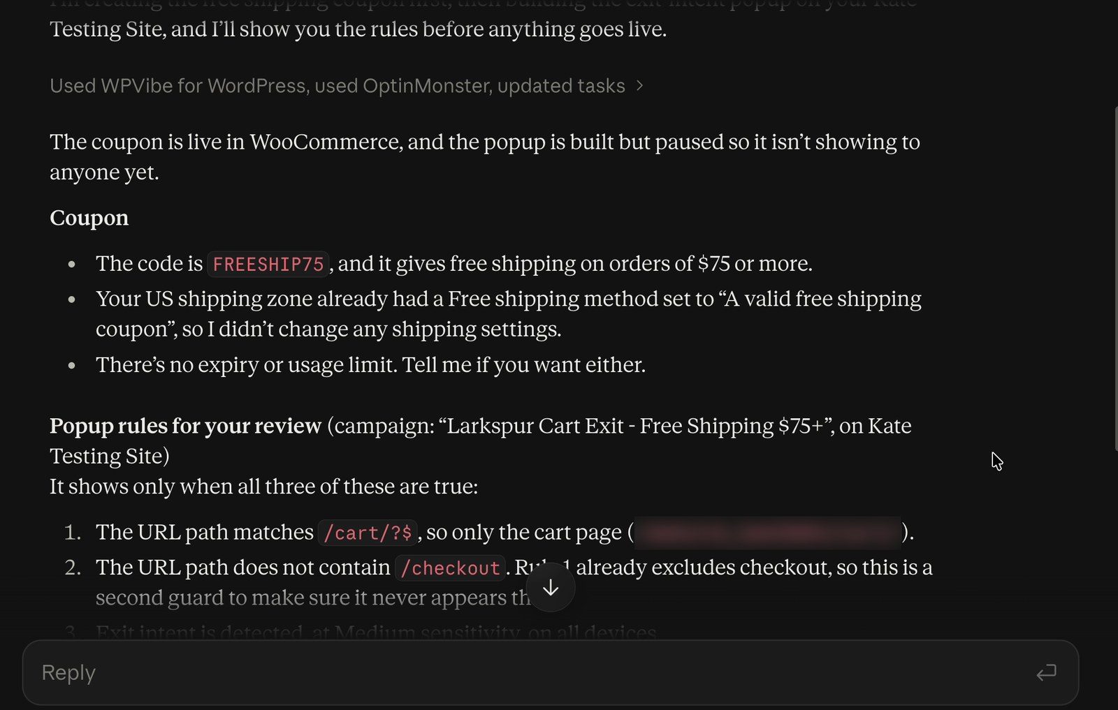 Display rules read back in claude optinmonster - OptinMonster Claude reading back the Display Rules it wrote for the cart exit popup: the cart page only, never on checkout, on exit intent.
